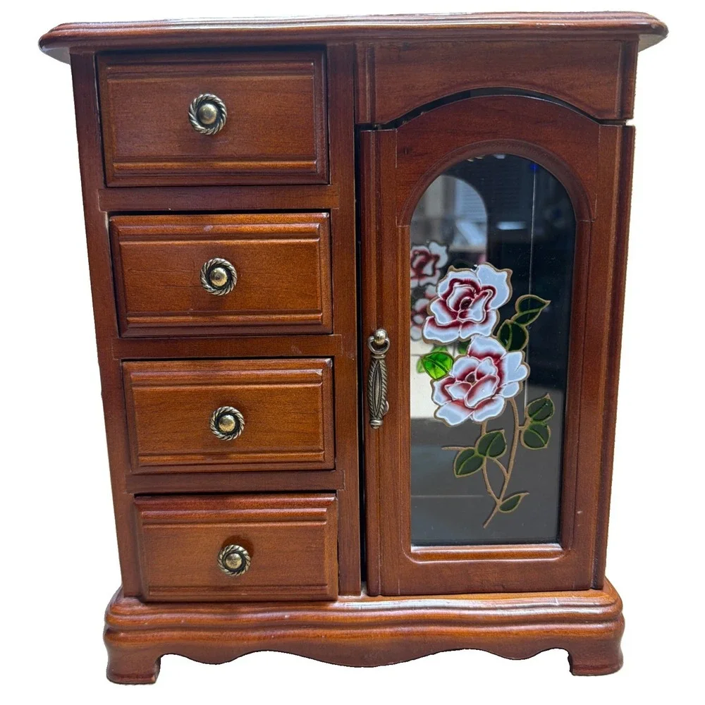Vtg 80s Gunther Mele Dresser Top Jewelry Armoire box; Floral Painted Glass Door - Picture 1 of 12